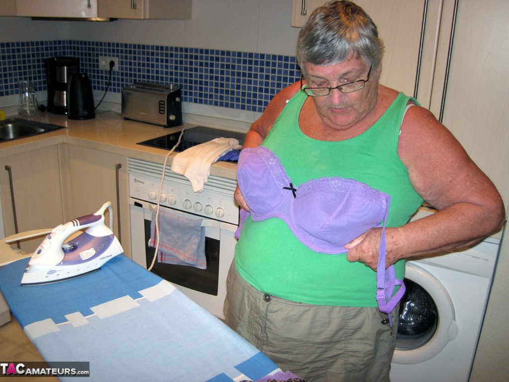 Overweight British oma Grandma Libby exposes her boobs while ironing photo porno #424565838