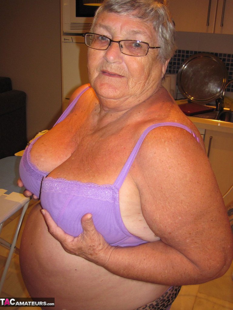 Overweight British Oma Grandma Libby Exposes Her Boobs While Ironing