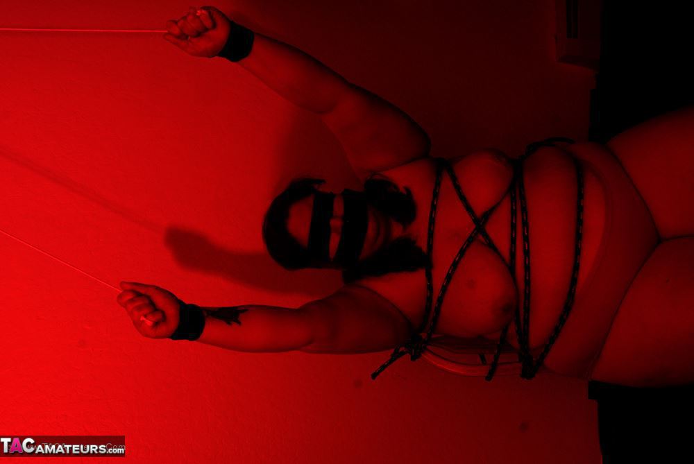 Overweight amateur Inked Oracle is tied up after being blindfolded on a bed porn photo #428133601