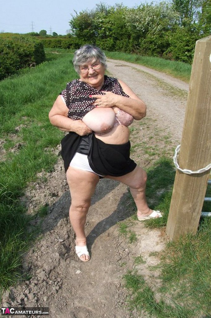 Horny Granny Grandma Libby Exposes Massive Big Tits And Huge Ass At The Farm