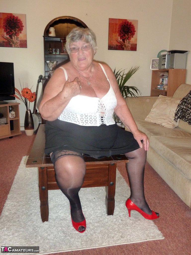 Obese oma Grandma Libby uncovers her large boobs in her underwear and hosiery porno foto #425221829