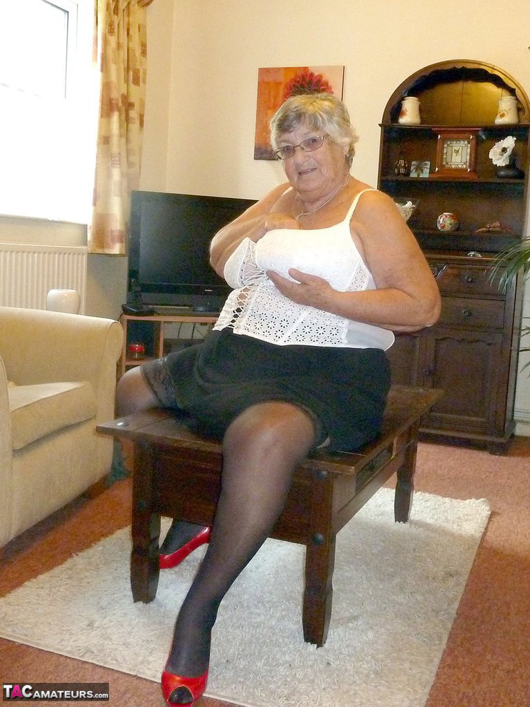 Obese oma Grandma Libby uncovers her large boobs in her underwear and hosiery porn photo #425221849