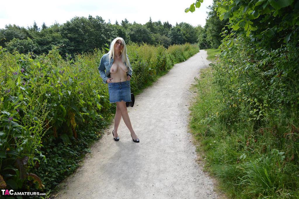 Older blonde Barby Slut exposes herself while wandering park lands porn photo #428345437