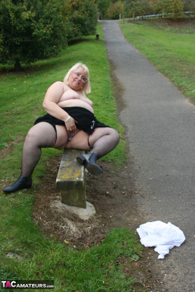Fat Nan Lexie Cummings Bares Her Boobs And Big Ass On A Park Bench In Nylons