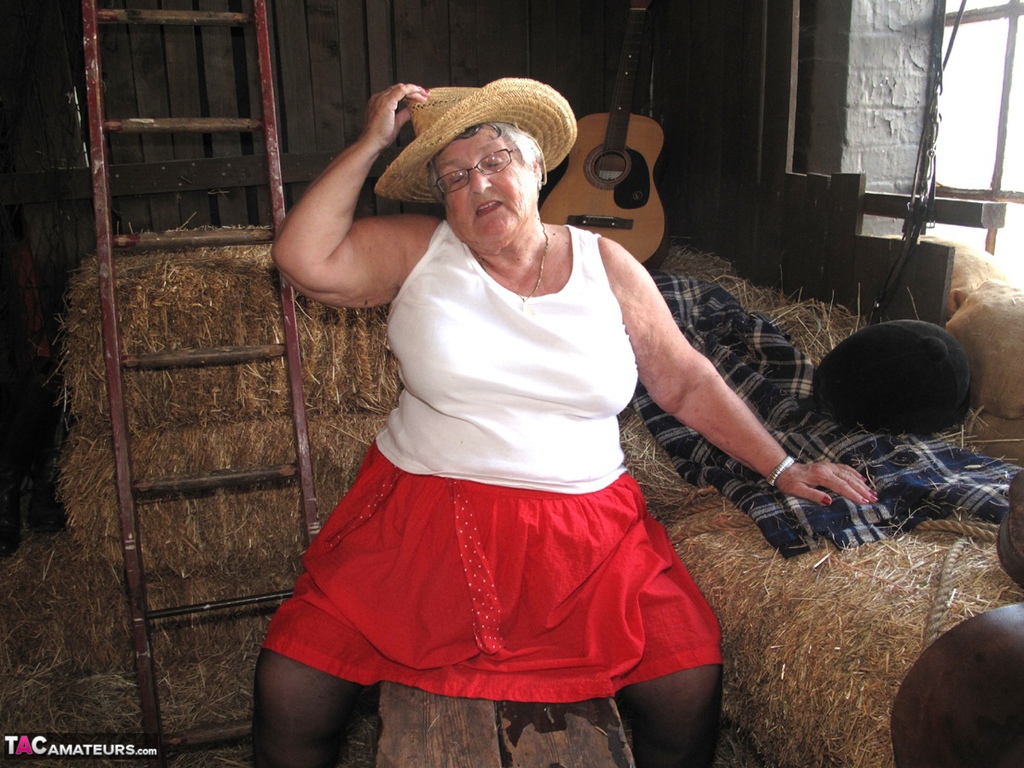 Obese British nan Grandma Libby gets naked in stockings on a bed of straw photo porno #424850658