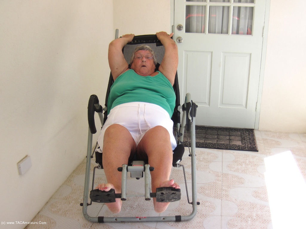Obese British woman Grandma Libby gets completely naked on exercise equipment порно фото #428437786
