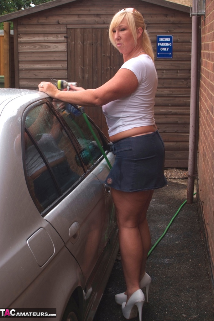 Big Titted Blonde Amateur Melody Soaks A White T Shirt While Washing Her Car