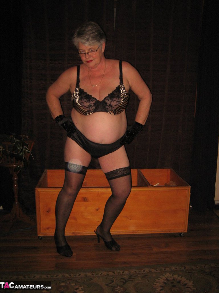 Silver haired granny Girdle Goddess gets naked in stockings and black gloves porn photo #425589205