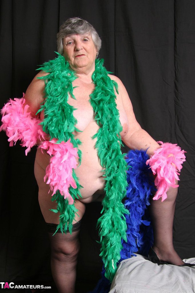 The big tits are displayed by Grandma Libby, who is fat and wears feathered boas.