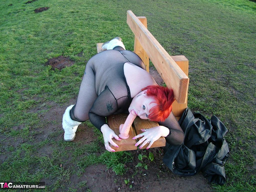 With a toy in sight, Redhead Valgasmic Exposed lounges around the park while wearing a non-slip crotch.