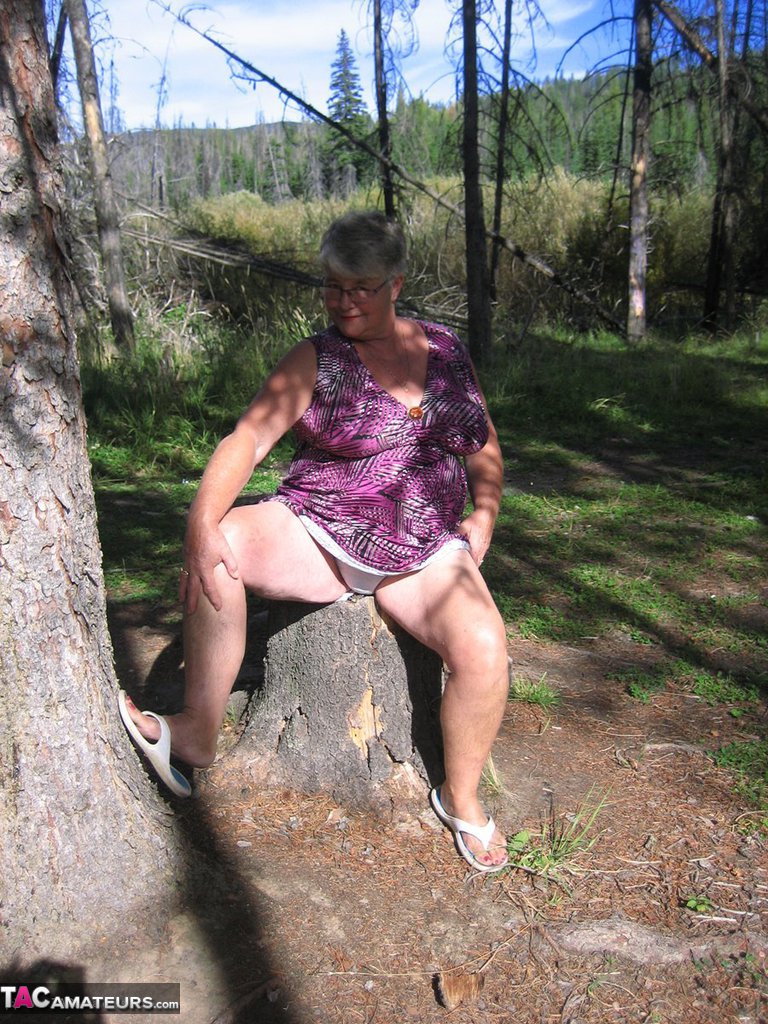 Fat granny Girdle Goddess loses her purple outfit in the woods and poses nude porn photo #425900016