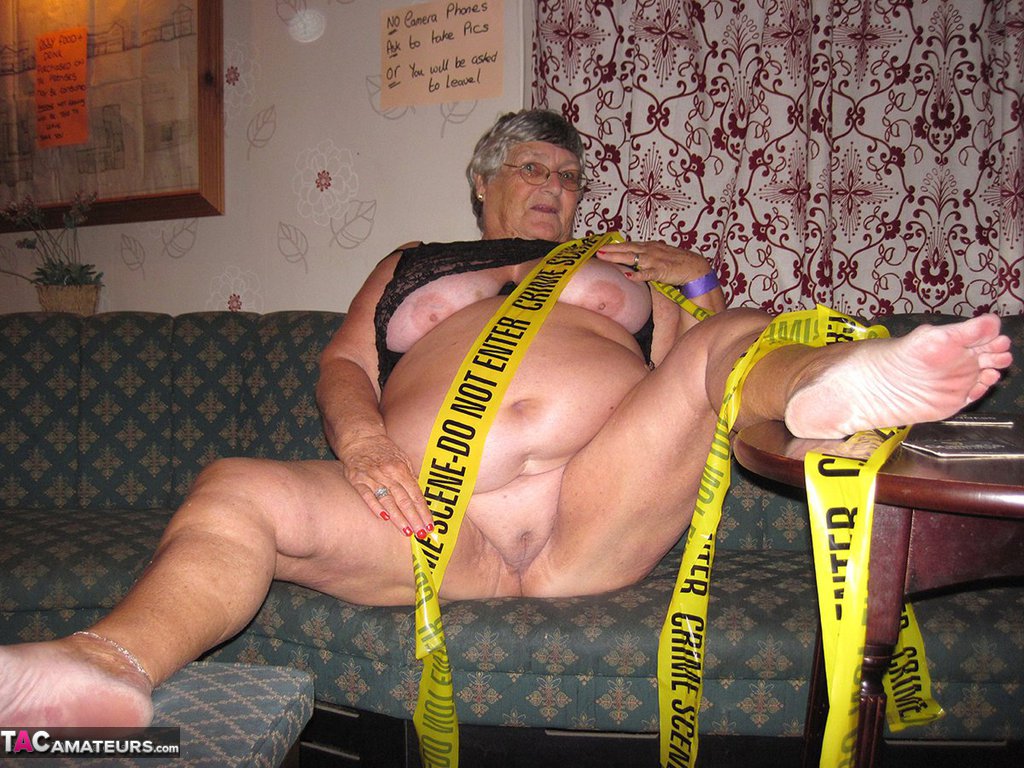 Obese granny Grandma Libby wraps her mostly naked body in crime scene tape porn photo #428505873