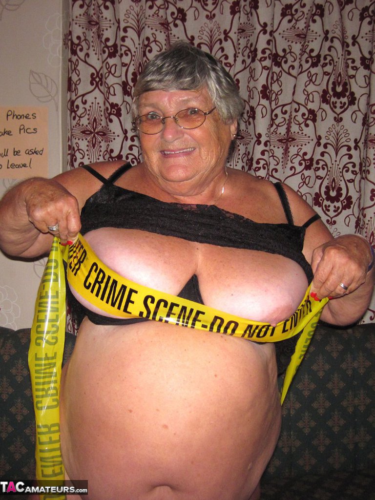 Obese granny Grandma Libby wraps her mostly naked body in crime scene tape porn photo #428505879