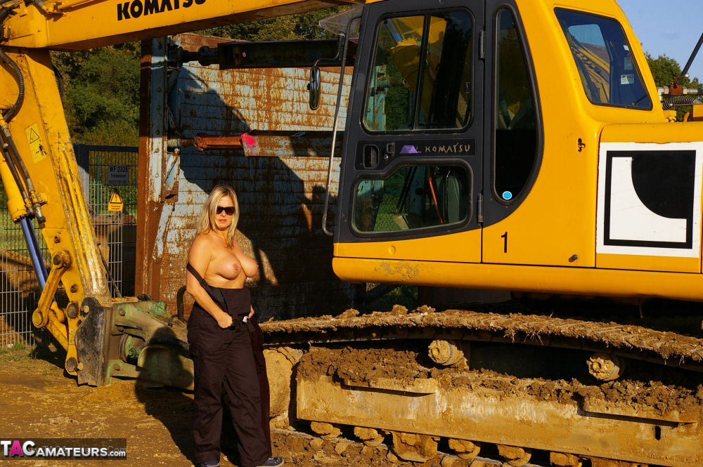 Blonde amateur Nude Chrissy gets naked in shades afore heavy equipment porn photo #428404938