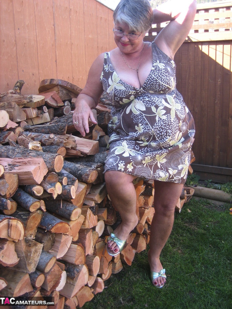 Brazen Older Granny Strips Off By The Wood Pile To Show Off Bbw Tits Big Ass