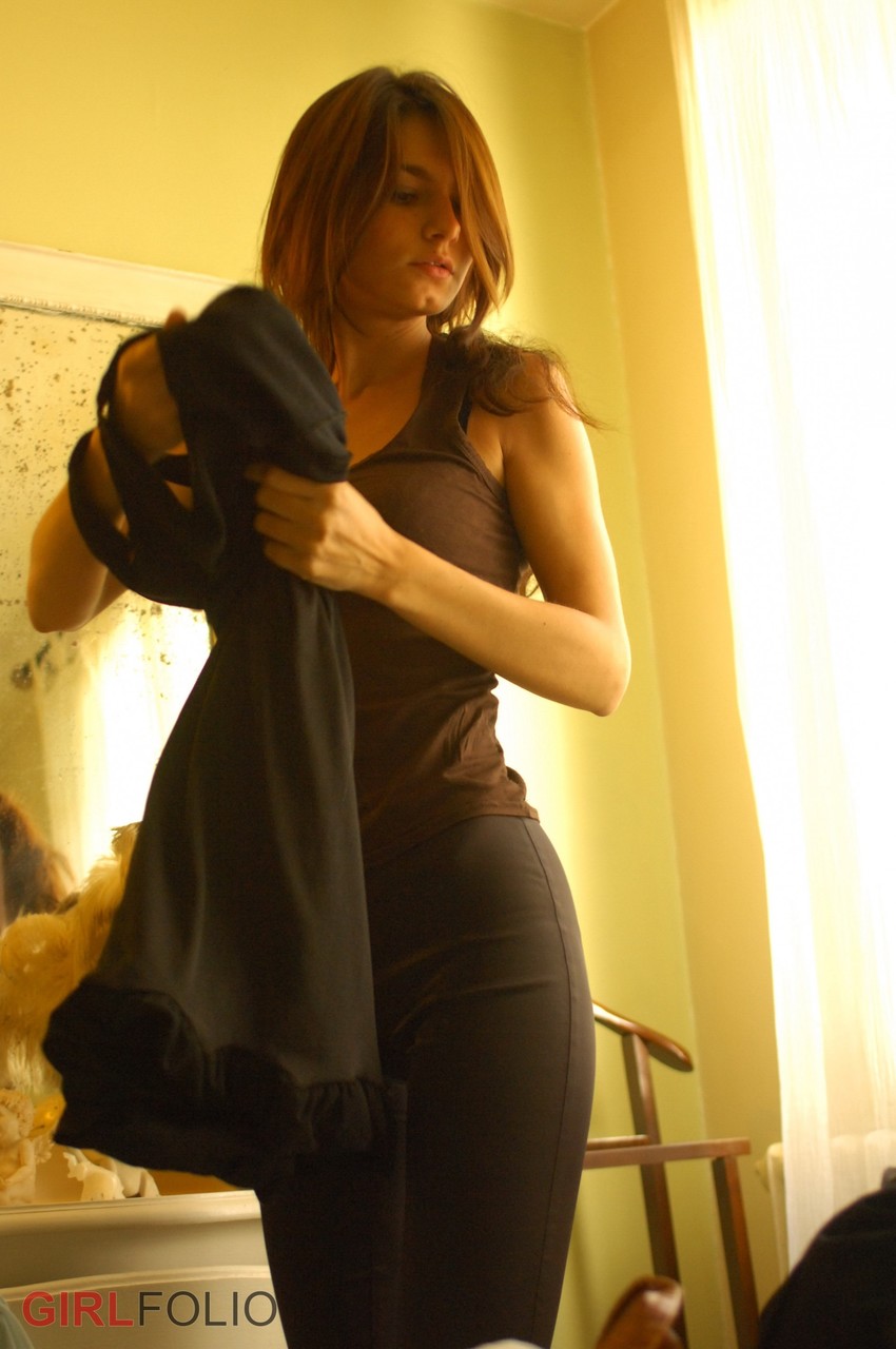 Pretty brunette Claudia undressing before the mirror showing petite tits & ass porno fotoğrafı #427132945