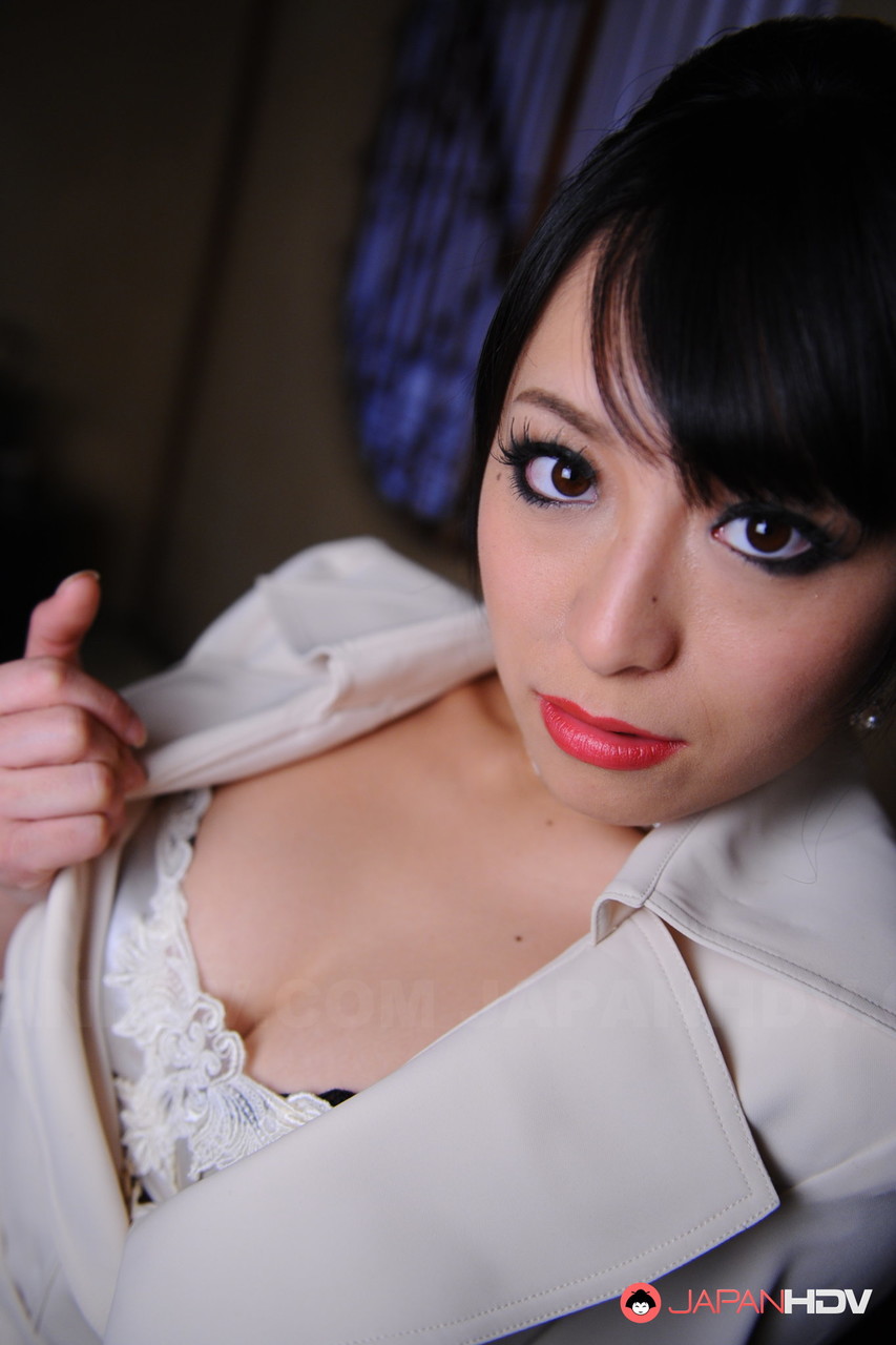 Classy Japanese model Nana Kunimi flashes her lace bra with red lips porno fotky #425592161