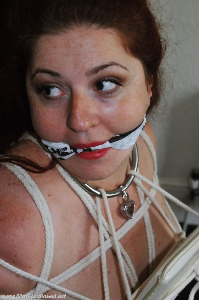 Fat female with red lisp is left gagged and tied up by ropes photo porno #428131568
