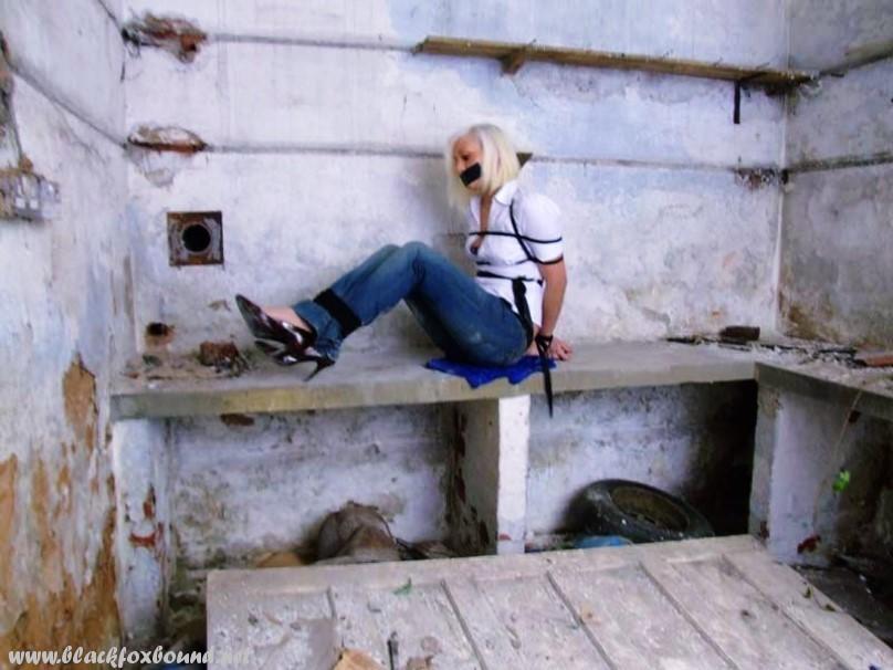 An American woman in blue jeans and white shirt is tied up and gagged.