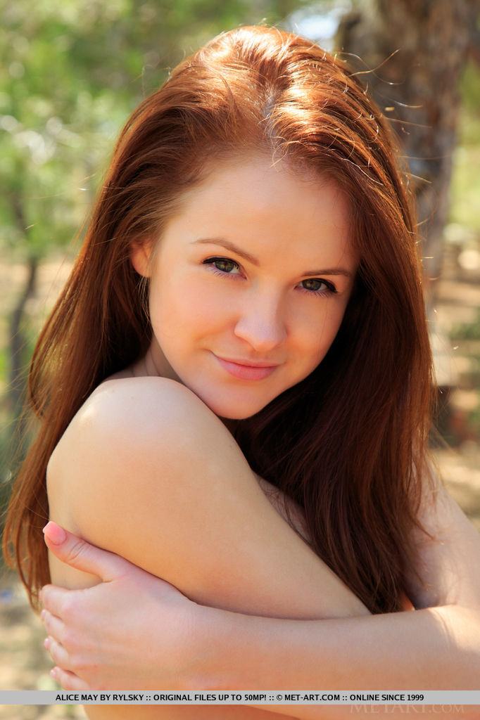 Redhead teen Alice May showcases her bald pussy on top of picnic table in park foto porno #427039876