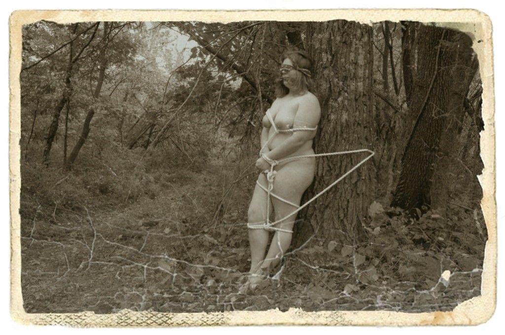 Overweight female is tied to a tree in the woods while naked and blindfolded Porno-Foto #424847366