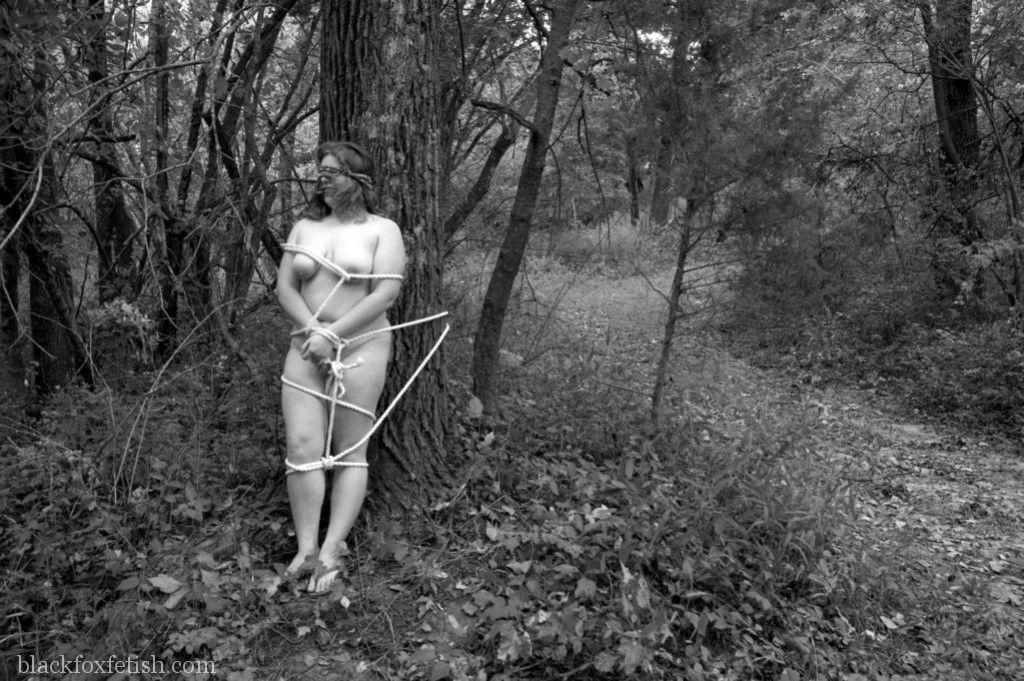 Overweight female is tied to a tree in the woods while naked and blindfolded foto porno #424847368