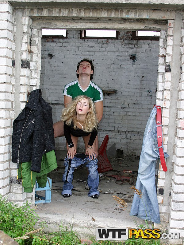 Blonde girl does hardcore anal in an abandoned building with strangers porn photo #422508213