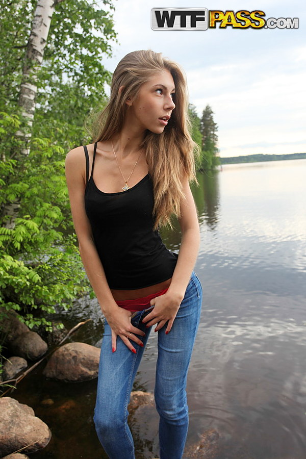 Girl next door Megan pulls out her tits while sitting on a rock in the lake 포르노 사진 #427190499