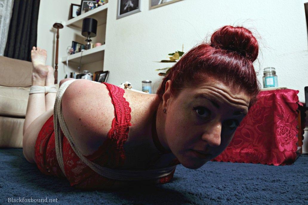 Overweight Redhead Is Hogtied In Red Lingerie With Her Hair In A Bun