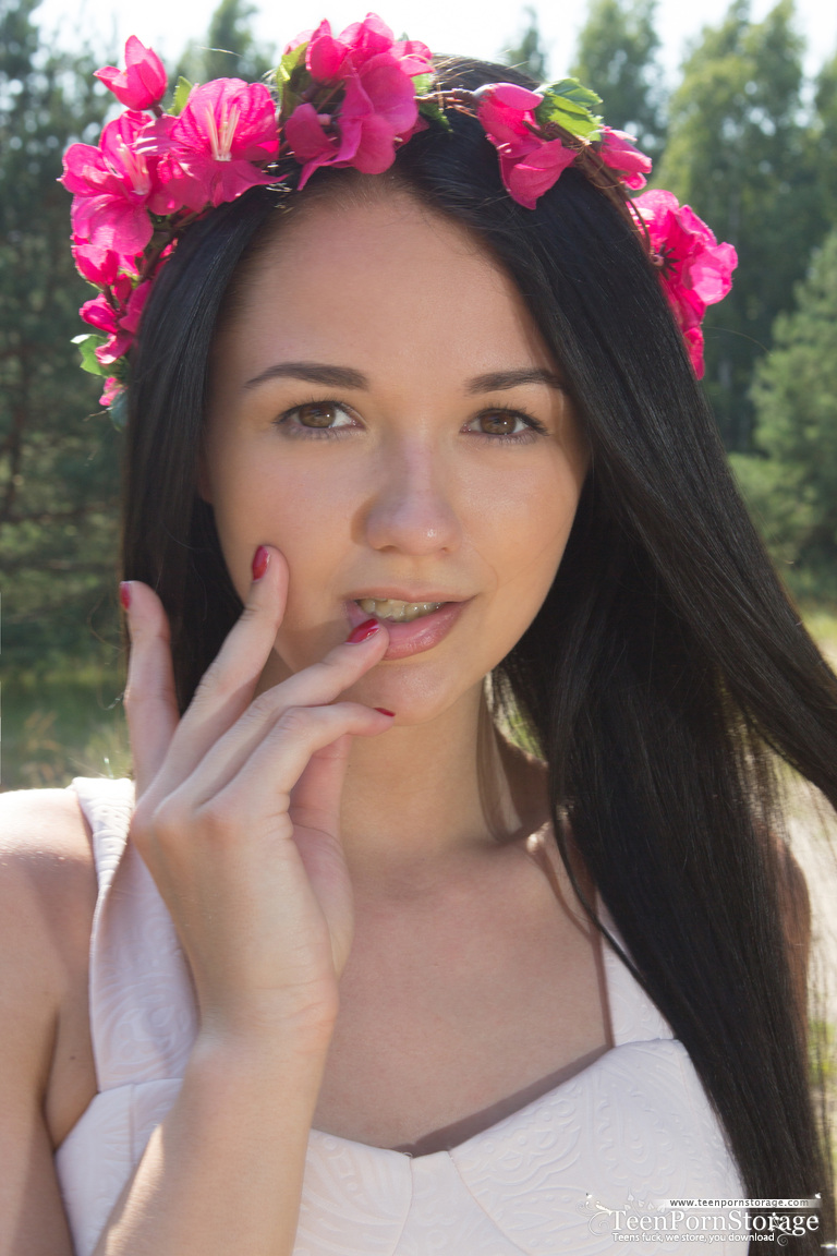 Young brunette Olivia wears a crown of flowers while exposing her clit porno fotky #428931884