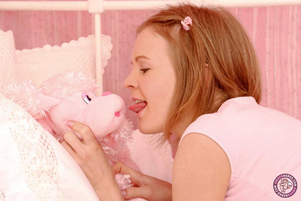 Young looking girl Mona hugs a stuffed animal while masturbating on her bed zdjęcie porno #427205982