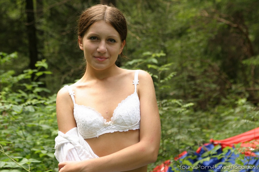 Slender teen Terra strips and masturbates on a blanket in the woods porn photo #426717694