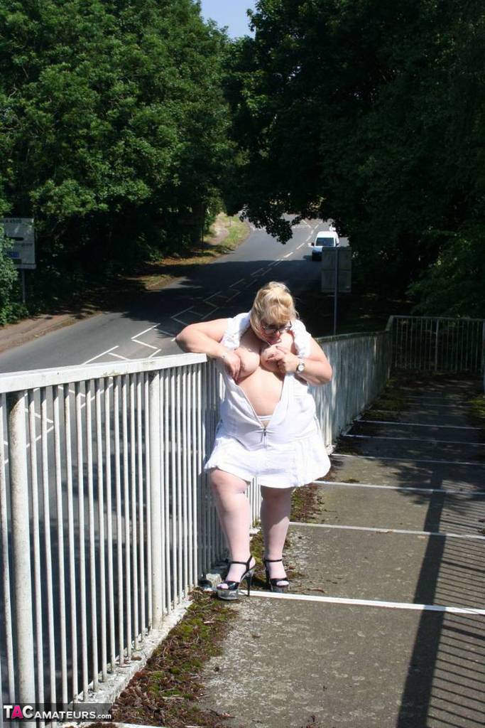 Fat blonde Lexie Cummings exposes herself while crossing a pedestrian overpass porn photo #428674941