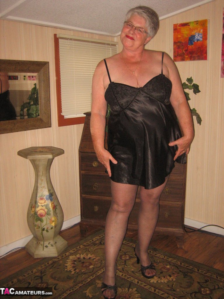 Fat old woman Girdle Goddess doffs black lingerie to pose nude in stockings photo porno #424128585