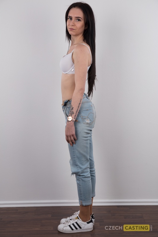 Long haired female Barbora models in ripped jeans before standing bare naked porno foto #424141226