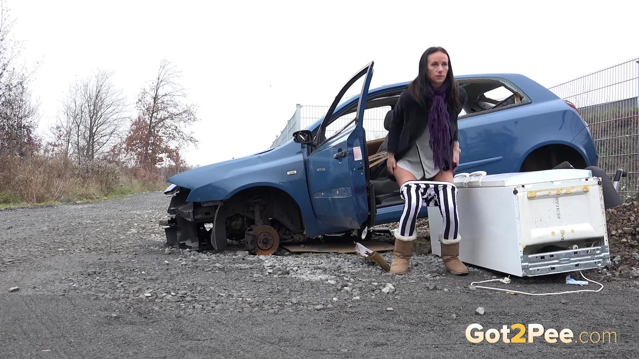 Eveline squats behind an abandoned car to pee porn photo #426816705 | Got 2 Pee Pics, Eveline Neill, Pissing, mobile porn