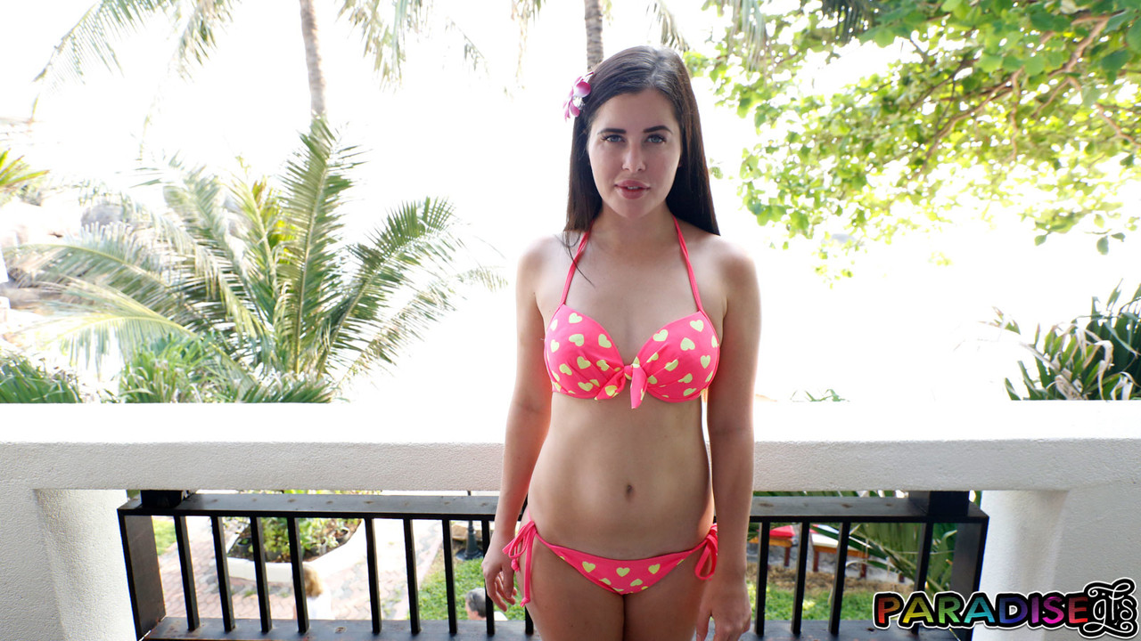 Brunette girl Cassie Fire models a bikini on a balcony before POV anal sex porn photo #422492293