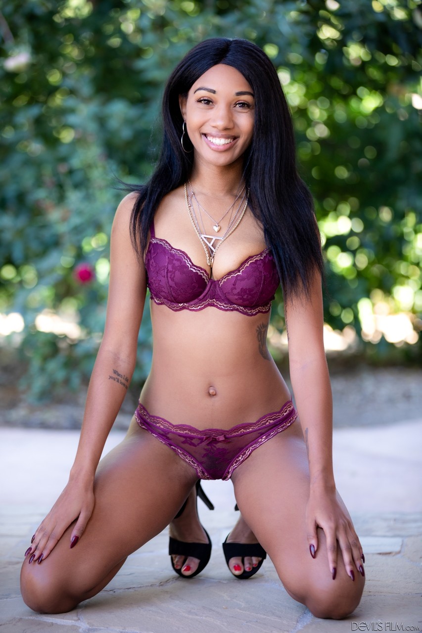 Ebony model Alexis Avery removes bra and panty set for nude poses on patio ポルノ写真 #428433464