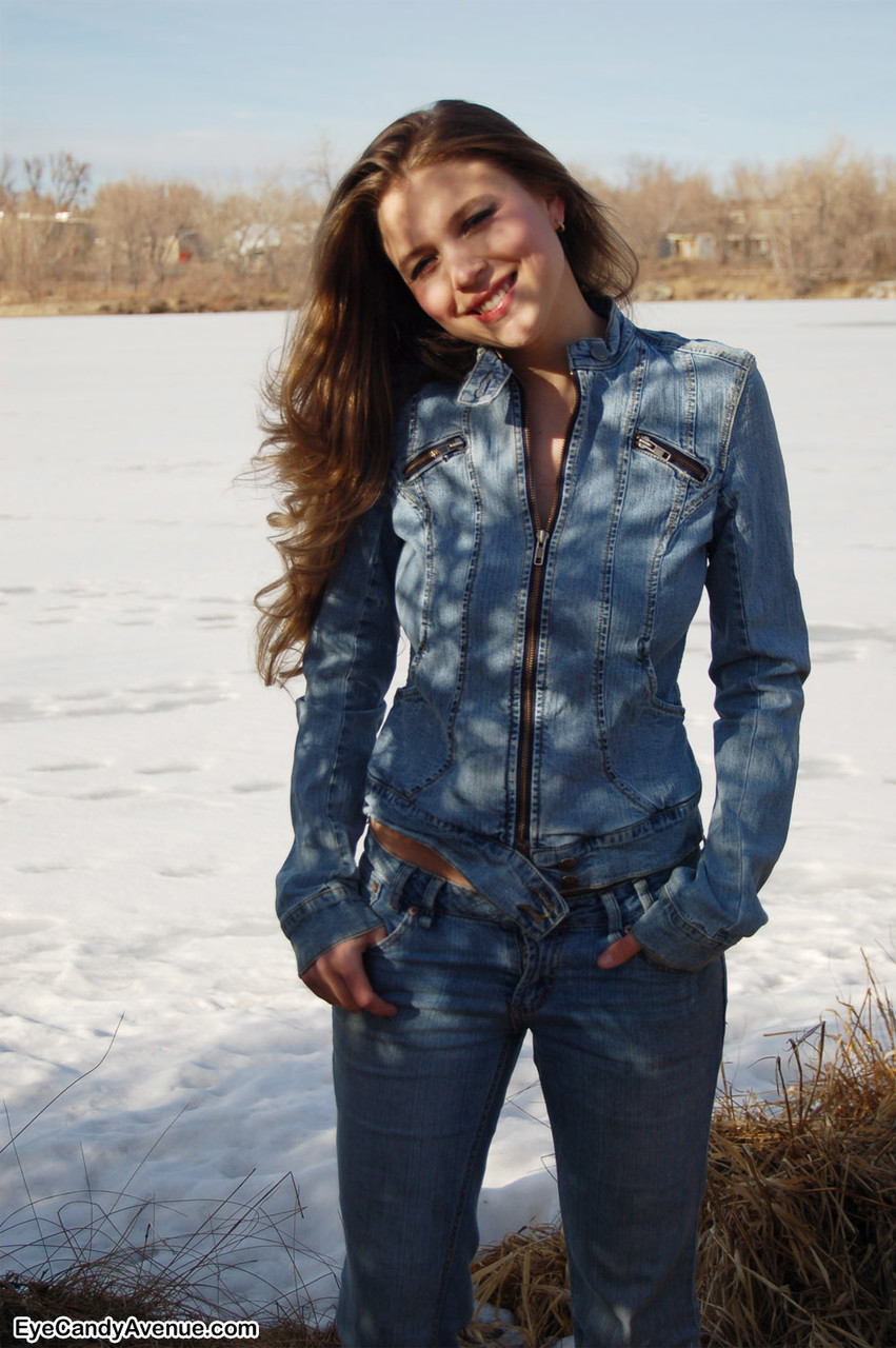 Nice young girl Gemini shows her natural tits on snow-covered ground in denim photo porno #428736740
