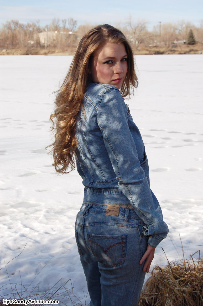 Nice young girl Gemini shows her natural tits on snow-covered ground in denim porno fotoğrafı #428736742