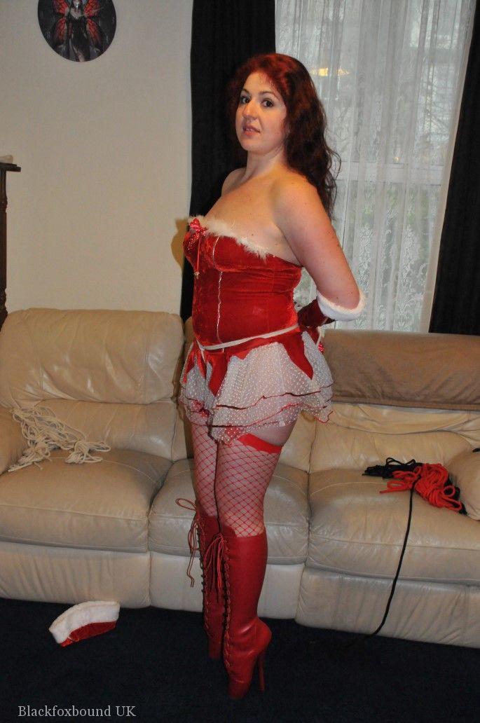 Redheaded solo girl shows her natural tits while restrained and gagged at Xmas photo porno #424917516