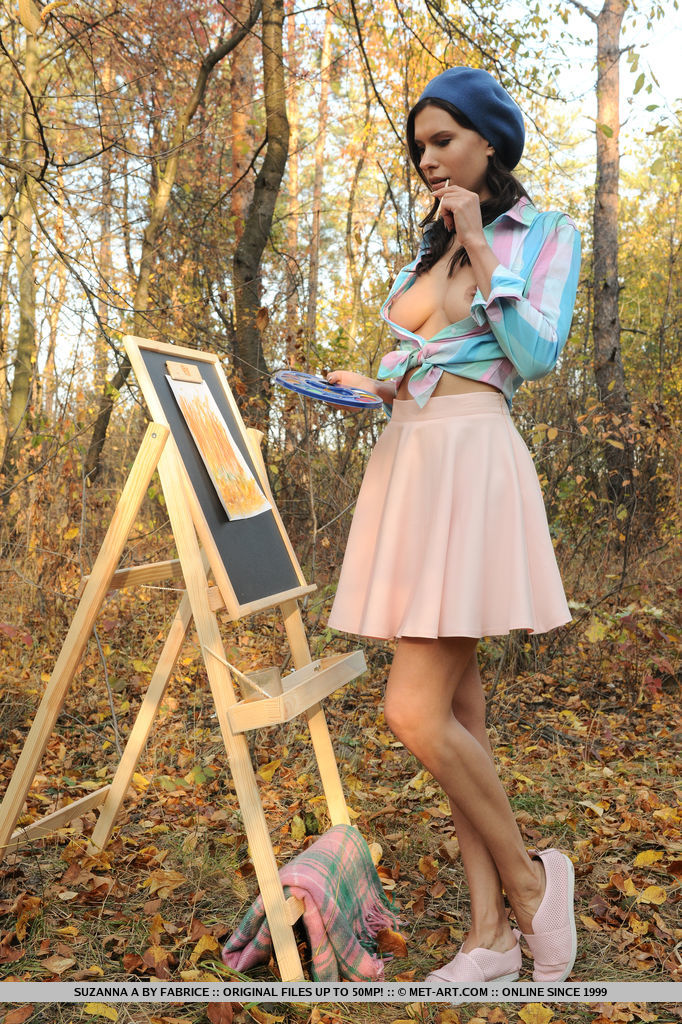 Leggy teen Suzanna A models naked on blanket in the forest after painting 포르노 사진 #429020855