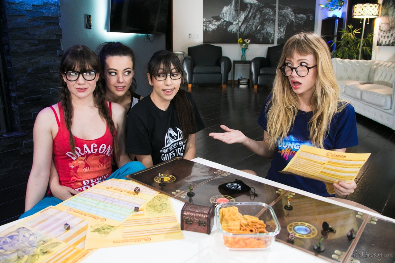 Nerdy girls have a lesbian foursome after playing a board game porn photo #425550131