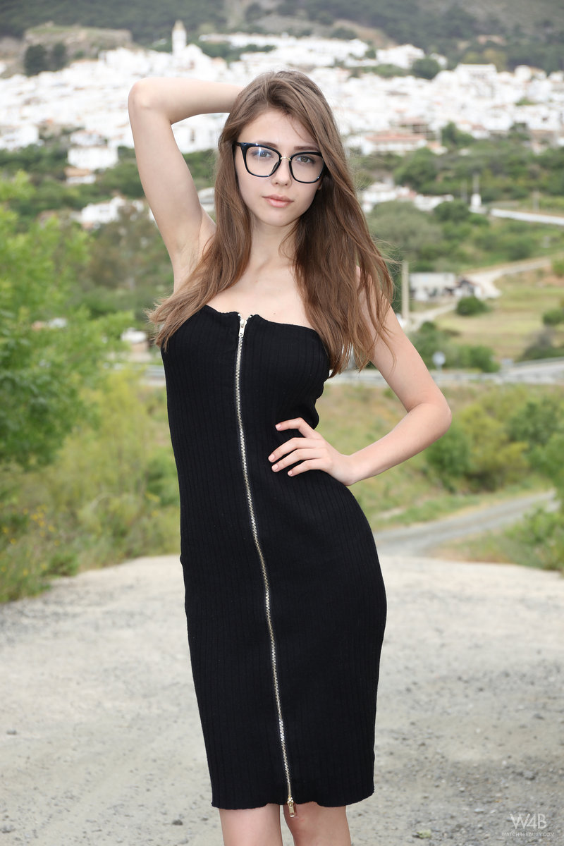Nerdy teen Milla shows her tits and ass on a lookout spot over her town porn photo #423437594