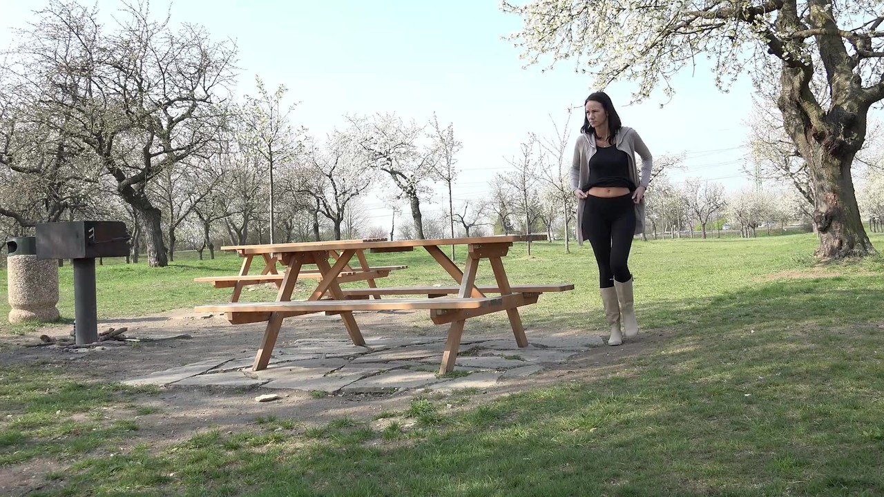 Eveline Neill squats and pees on picnic bench porn photo #425624116