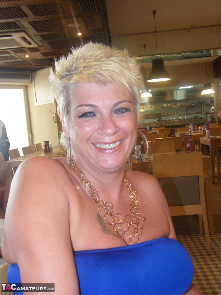 Older Blonde Dimonty Wears Her Hair Short While Showing Her Natural Tits