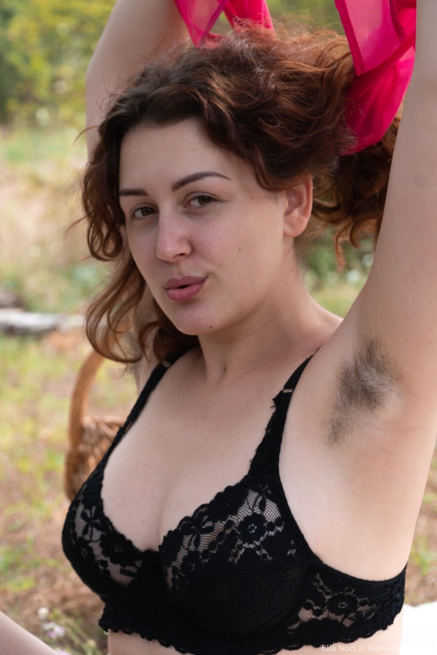 Redhead Ella Nori Displays Her Hairy Armpits And Beaver In A Forest Clearing