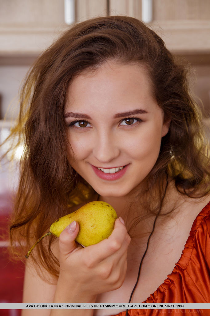 Charming teen Ava slips off a long dress to model naked in the kitchen ポルノ写真 #423665016