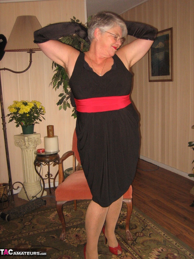 Old Fatty Girdle Goddess Fondles Saggy Tits In Black Velvet Gloves And Hose