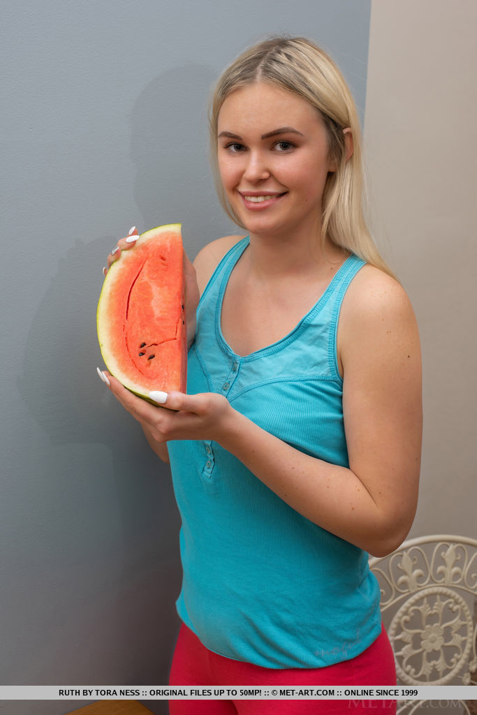 Young blonde Ruth carves up a watermelon before getting totally naked porno fotoğrafı #426785921